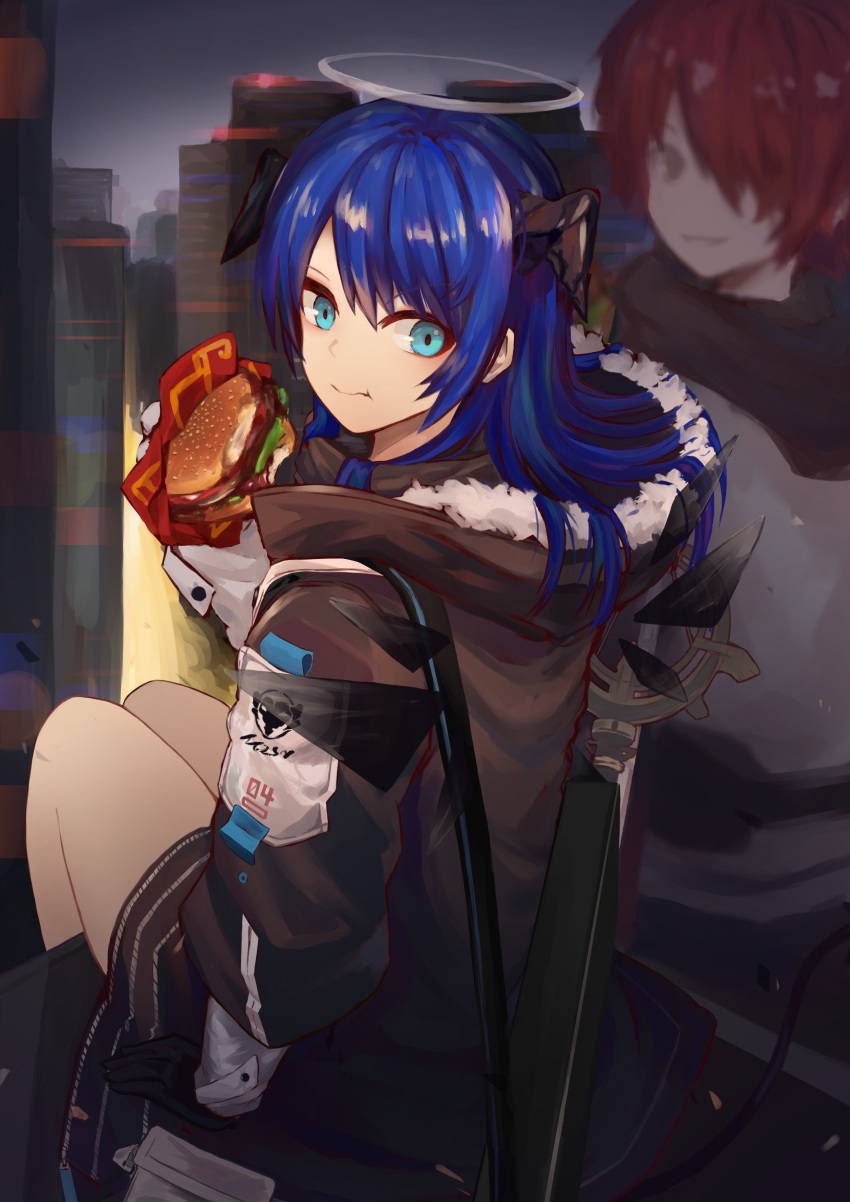 2girls absurdres arknights arm_support black_gloves black_jacket blue_eyes blue_hair burger closed_mouth commentary_request exusiai_(arknights) food gloves halo highres hood hood_down jacket long_hair long_sleeves mostima_(arknights) multiple_girls sasa_kurumi traditional_halo