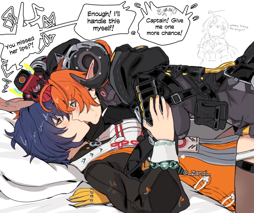 3girls absurdres ammunition ammunition_pouch bead_bracelet beads belle_(delicate_sunlight)_(zenless_zone_zero) belle_(zenless_zone_zero) black_hat black_horns blue_hair blush bracelet breasts brown_thighhighs chinese_clothes commentary curled_horns dress dress_over_shirt english_commentary english_text eye_contact flower flower_pot flying_sweatdrops french_kiss girl_on_top gloves gun hair_between_eyes hat head_on_pillow highres holding holding_flower_pot horns jewelry kiss large_breasts long_hair looking_at_another lying magus_(zenless_zone_zero) mechanical_horns mechanical_tail multicolored_nails multiple_girls official_alternate_costume on_back on_bed orange_dress orange_hair orange_pupils orphie_magnusson pillow plant pointy_ears potted_plant pouch saliva seed_(zenless_zone_zero) short_hair speech_bubble tail thighhighs tongue tongue_out twitter_username weapon yellow_gloves yuri zanqi zenless_zone_zero zipper_dress