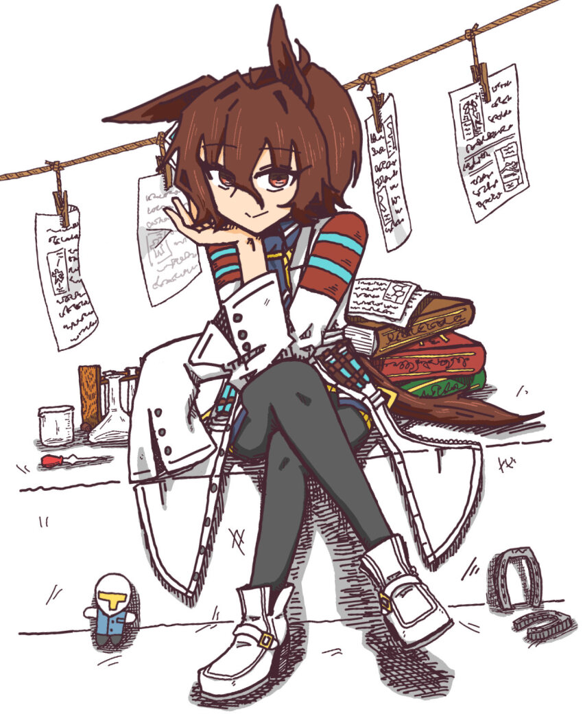 0840gannbru 1girl agnes_tachyon_(tach-nology)_(umamusume) agnes_tachyon_(umamusume) animal_ears beaker black_necktie black_pantyhose book book_stack boots brown_hair character_doll closed_mouth commentary crossed_legs doll erlenmeyer_flask flask full_body highres horse_ears horse_girl horseshoe lab_coat looking_at_viewer necktie pantyhose pasteur_pipette sitting smile solo split_mouth sweater t-head_trainer_(umamusume) trainer_(umamusume) umamusume white_boots yellow_sweater