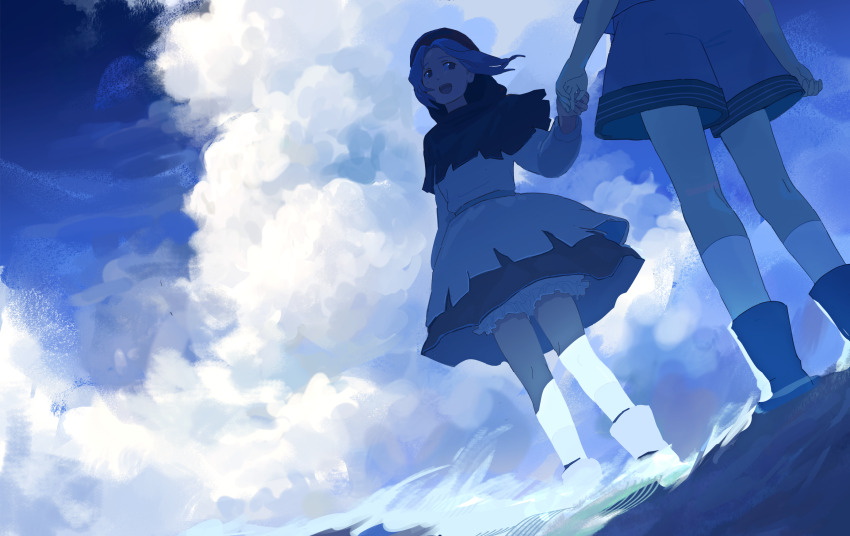 2girls :d black_boots bloomers blue_hair blue_sky blue_theme boots chinese_commentary cloud commentary floating_hair highres holding_hands hood kumoi_ichirin multiple_girls murasa_minamitsu nme_0039 open_mouth painterly parted_bangs shirt skirt sky smile socks touhou underwear white_shirt white_skirt white_socks wind