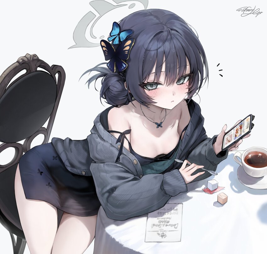 1girl alternate_costume alternate_hairstyle black_dress black_hair black_jacket blue_archive butterfly_hair_ornament cellphone chair cup dress freng hair_ornament halo highres holding holding_phone holding_spoon jacket kisaki_(blue_archive) looking_at_viewer on_chair open_clothes open_jacket phone simple_background sitting smartphone solo spoon sugar_cube white_background