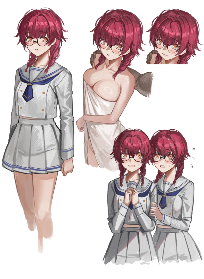 1boy 2girls blue_neckerchief braid breasts cleavage clone collarbone commentary cropped_legs deras english_commentary flying_sweatdrops glasses hand_on_another&#039;s_shoulder highres large_breasts long_sleeves messy_hair multiple_girls multiple_views naked_towel neckerchief original parted_lips pleated_skirt red_hair school_uniform serafuku skirt sweat towel twin_braids wavy_mouth white_serafuku white_skirt