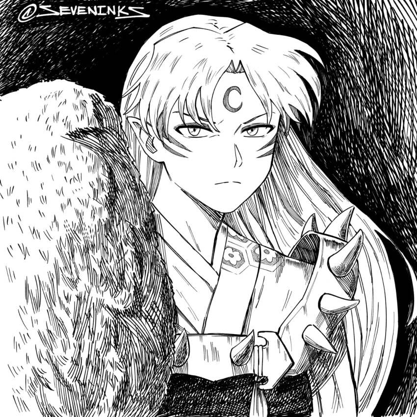 1boy commentary_request crescent crescent_facial_mark crosshatching facial_mark forehead_mark frown greyscale hatching_(texture) highres instagram_username inuyasha japanese_clothes long_hair male_focus monochrome pointy_ears serious sesshoumaru seveninks solo spanish_commentary spikes upper_body whisker_markings
