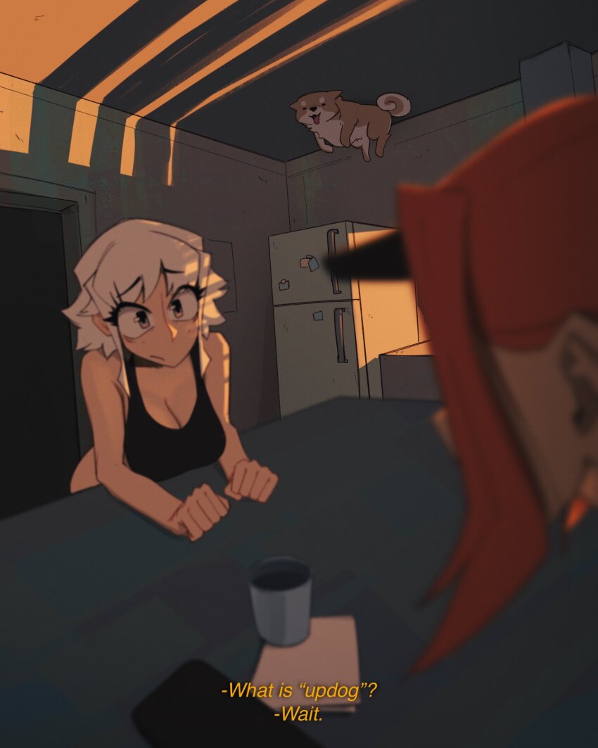 2girls animal black_tank_top breasts cleavage closed_mouth cup dog english_text grawlix_(shibansfw) grey_eyes grey_hair highres indoors large_breasts localized_gravity looking_at_another medium_hair meme multiple_girls orange_hair original refrigerator shibansfw short_hair sidelocks table talking tank_top updog_(meme)