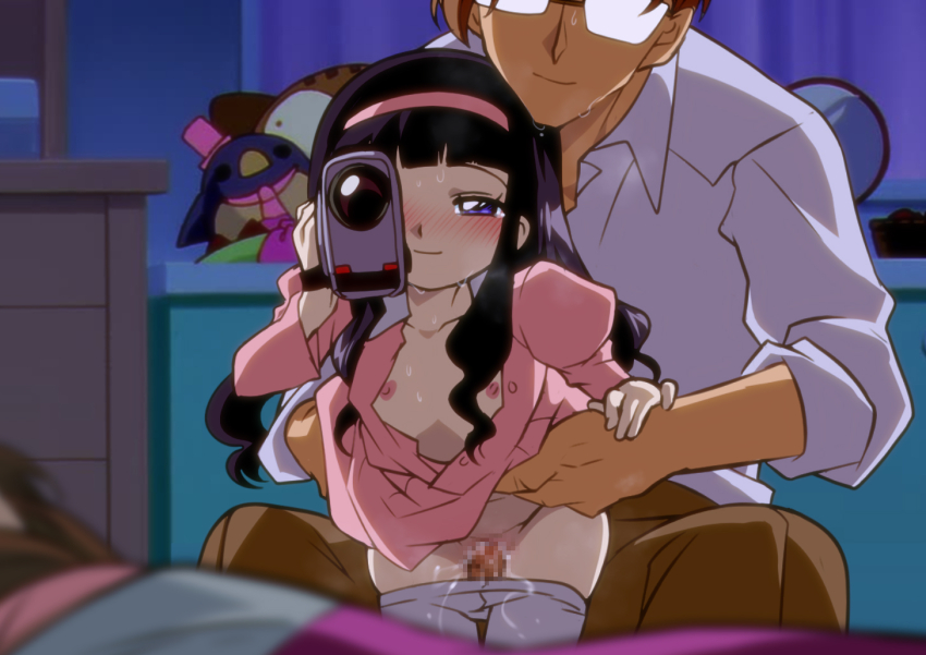 1boy 1girl 1other age_difference bedroom black_hair blush brown_pants camera cardcaptor_sakura censored closed_mouth collared_shirt curtains daidouji_tomoyo dress flat_chest glasses hairband hetero holding holding_camera indoors jcm2 kinomoto_fujitaka loli long_sleeves mosaic_censoring night nipples pants partially_unbuttoned pink_dress pink_hairband purple_eyes pussy recording sex sex_from_behind shirt standing stuffed_toy sweat tinted_eyewear video_camera white_pants white_shirt