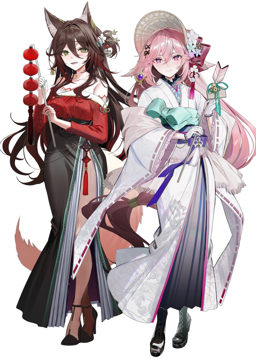 2girls absurdres alternate_costume animal_ear_fluff bow brown_hair chinese_clothes commentary droopy_ears earrings floral_print flower fox_girl fox_tail fugue_(honkai:_star_rail) full_body genshin_impact gloves green_eyes hair_ornament high_heels highres honkai:_star_rail honkai_(series) japanese_clothes jewelry kawachi_rin lantern long_hair long_skirt multiple_girls nail_polish off_shoulder pink_hair purple_eyes simple_background single_earring skirt smile standing tail tassel tingyun_(honkai:_star_rail) white_background yae_miko