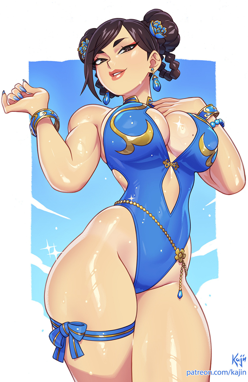 1girl alternate_costume ass bare_shoulders bead_bracelet beads biceps blue_flower blue_nails blue_one-piece_swimsuit border bracelet braid breasts brown_eyes brown_hair capcom casual_one-piece_swimsuit chun-li commentary cowboy_shot curvy double_bun earrings english_commentary flower hair_bun hair_flower hair_ornament hand_on_own_chest highleg highleg_one-piece_swimsuit highres huge_ass jewelry kajin_(kajinman) large_breasts legs_together looking_at_viewer mole mole_on_breast nail_polish official_alternate_costume one-piece_swimsuit outside_border parted_lips patreon_username shiny_skin signature smile solo sparkle standing street_fighter street_fighter_6 swimsuit thigh_strap toned toned_female very_long_fingernails watermark web_address white_border wide_hips