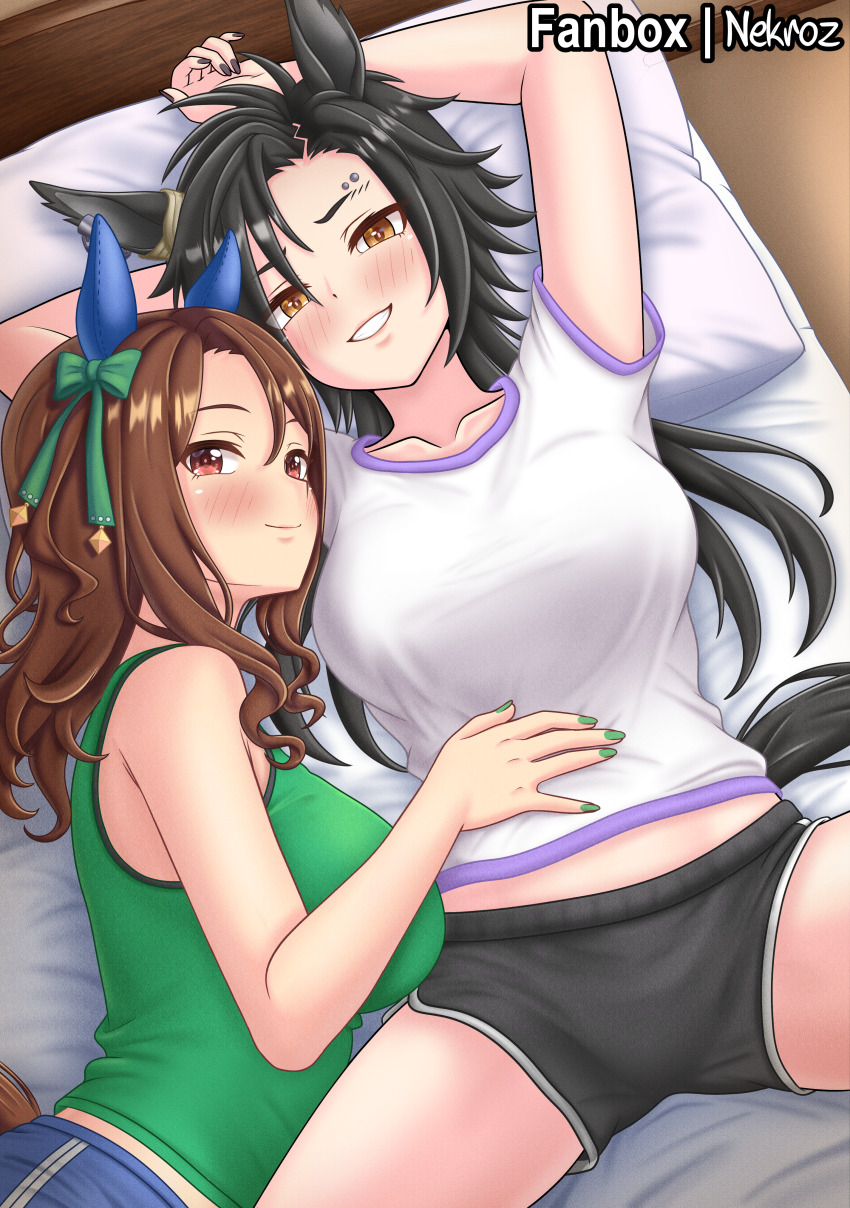 2girls absurdres air_shakur_(umamusume) animal_ears artist_name black_hair breasts cleavage green_nails green_vest highres horse_ears horse_girl indoors king_halo_(umamusume) looking_at_viewer lying multiple_girls nekroz7 open_mouth red_eyes smile umamusume vest