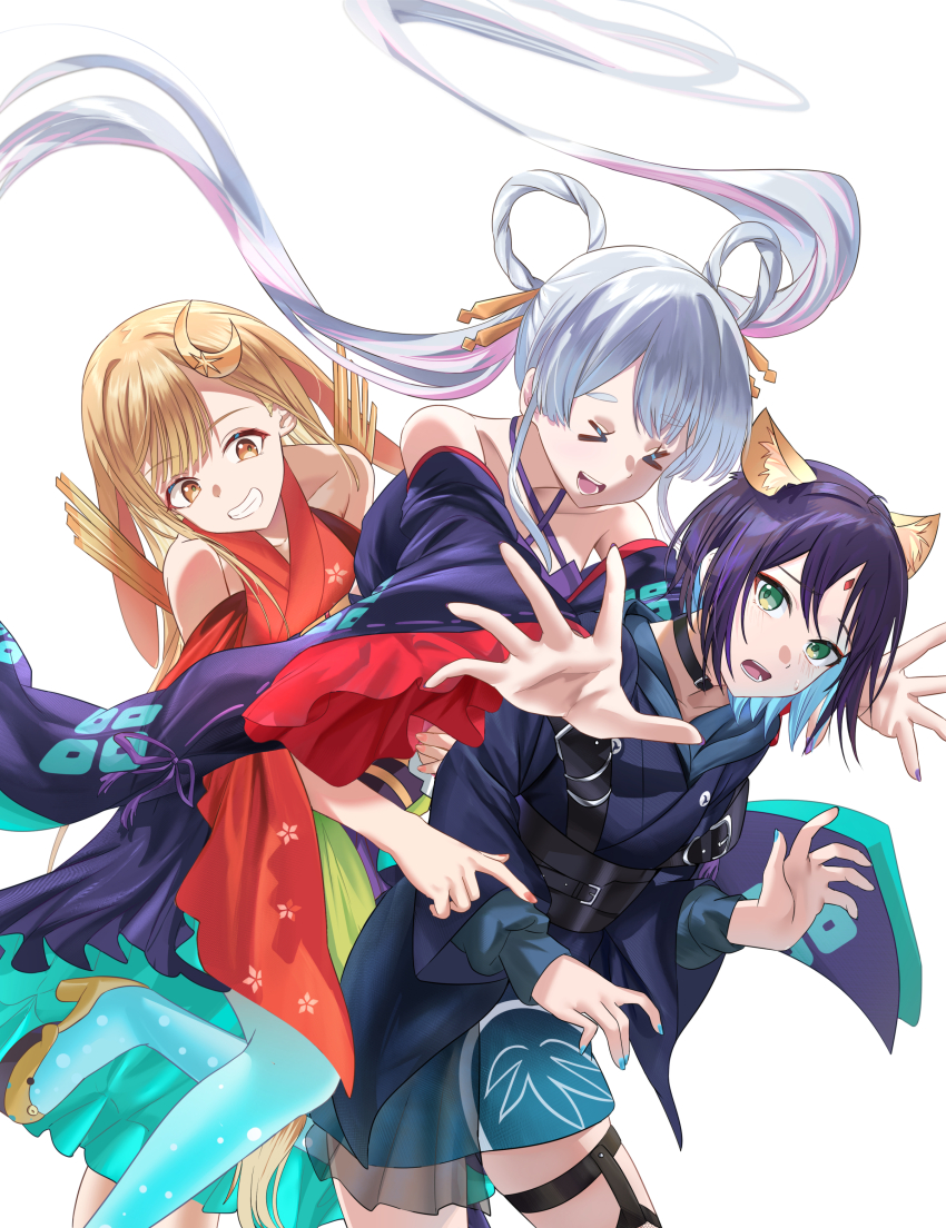 >_< 3girls :d absurdres animal_ear_fluff animal_ears bare_shoulders black_kimono blue_hair brown_eyes brown_hair chou_kaguya-hime! closed_eyes collarbone commentary_request criss-cross_halter facial_mark floating_hair forehead_mark green_eyes grey_hair hair_rings halterneck highres japanese_clothes kaguya_(chou_kaguya-hime!) kimono long_hair long_sleeves mosta_(lo1777789) multicolored_hair multiple_girls obi open_mouth pink_hair puffy_long_sleeves puffy_sleeves purple_hair red_kimono runami_yachiyo sakayori_iroha sash simple_background smile twintails two-tone_hair very_long_hair white_background wide_sleeves xd