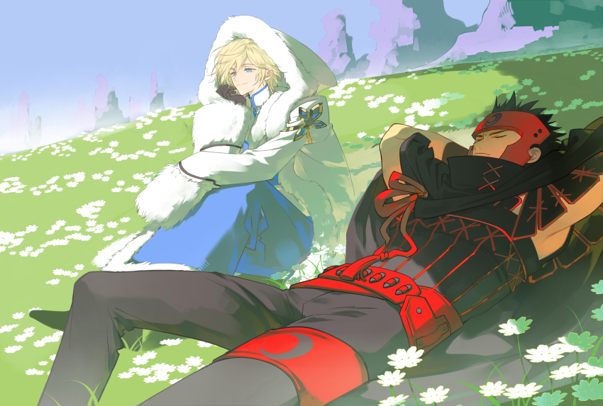 2boys absurdres bare_arms black_hair blonde_hair blue_eyes cape chinese_commentary closed_eyes coat commentary_request crescent fai_d._flowright field flower flower_field fur-trimmed_hood fur-trimmed_jacket fur_trim hand_on_own_face headgear highres hood implied_yaoi jacket kurogane_(tsubasa_chronicle) lying male_focus multiple_boys thigh_strap tsubasa_chronicle white_flower winter_clothes yinglingshang