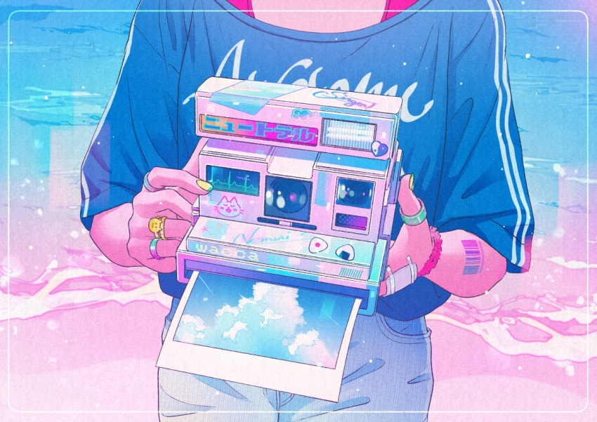 1girl analogous_colors arm_tattoo barcode barcode_tattoo blue_pants blue_shirt blue_sky blue_theme camera cloud commentary_request denim head_out_of_frame holding holding_camera jeans jewelry nail_polish original pants photo_(object) polaroid_camera polaroid_photo print_shirt ring shirt sky solo tattoo three-quarter_sleeves wacca005 yellow_nails