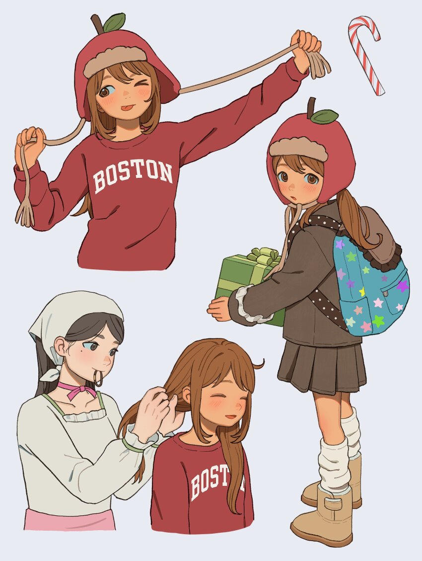 1girl 2girls ;p ;q absurdres bag blush brown_hair closed_eyes clothes_writing commentary english_commentary hat highres long_hair long_sleeves looking_at_viewer multiple_girls multiple_persona multiple_views one_eye_closed open_mouth original skirt smile tongue tongue_out wonemie