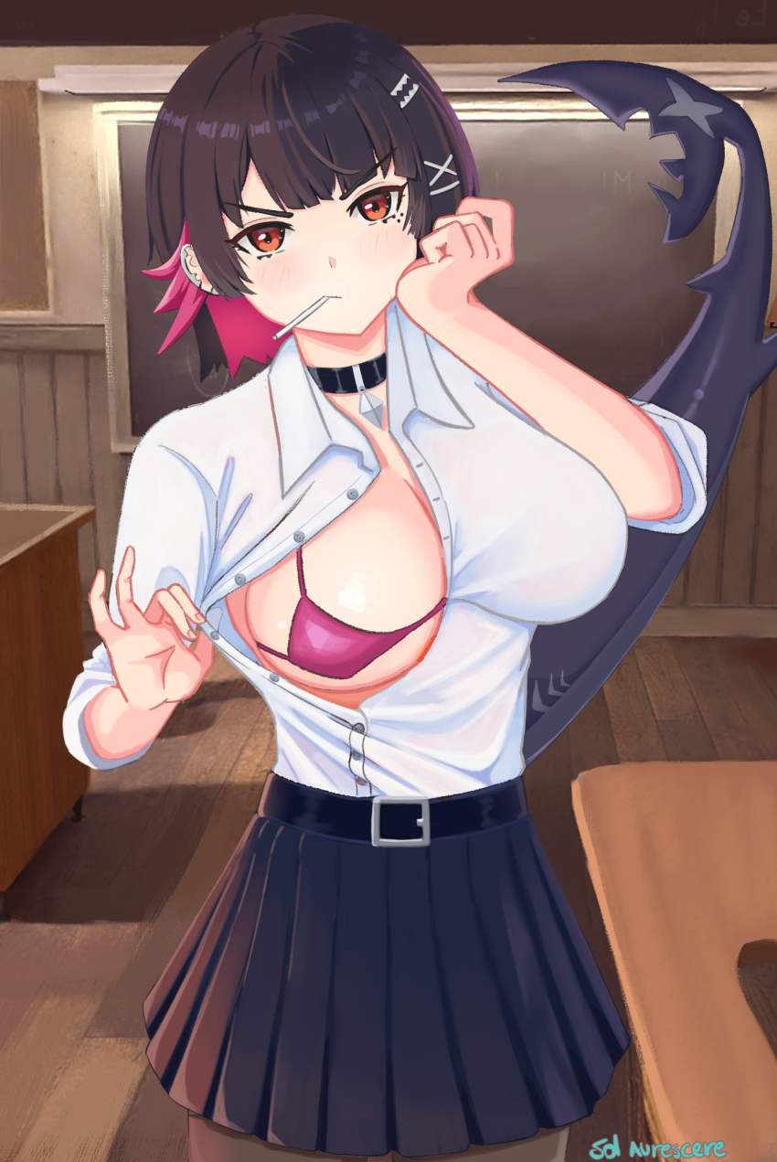 1girl black_hair blue_skirt breasts collared_shirt colored_inner_hair ellen_joe ellen_joe_(on_campus) fins fish_tail hair_ornament highres large_breasts looking_at_viewer medium_hair multicolored_hair nipples non-web_source official_alternate_costume red_eyes red_hair self-upload shark_girl shark_tail shirt skirt solaurescere solo tail white_shirt x_hair_ornament zenless_zone_zero
