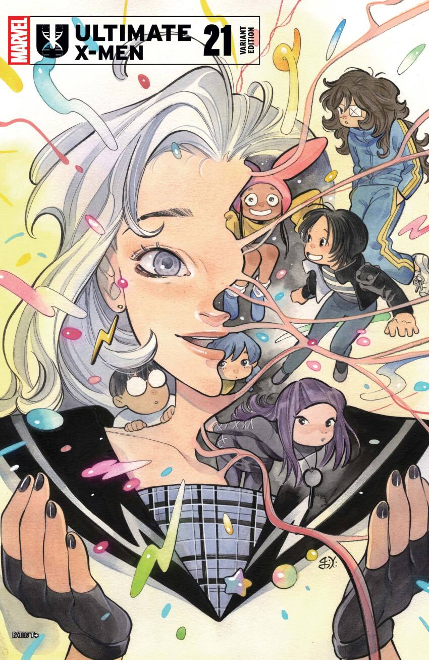 1boy 6+girls :d absurdres ashida_noriko black_dress black_gloves black_hair black_nails blue_eyes blue_hair blue_track_suit blunt_bangs blunt_ends character_request chibi chibi_inset comic_cover company_name copyright_logo copyright_name cover cover_page curly_hair dress earrings english_text eyepatch fingerless_gloves glasses gloves goth_fashion highres ichiki_hisako jewelry kanon_sainouchi lightning_bolt_earrings lightning_bolt_symbol logo long_hair looking_at_viewer marvel maystorm_(marvel) mori_(marvel) multiple_girls natsu_tsukishima nico_minoru official_art opaque_glasses open_mouth peach_momoko purple_hair rabbit_ear_headwear round_eyewear runaways_(marvel) sailor_collar sailor_shirt shirt smile surge_(x-men) track_suit upper_body white_hair x-men x-men:_children_of_the_atom