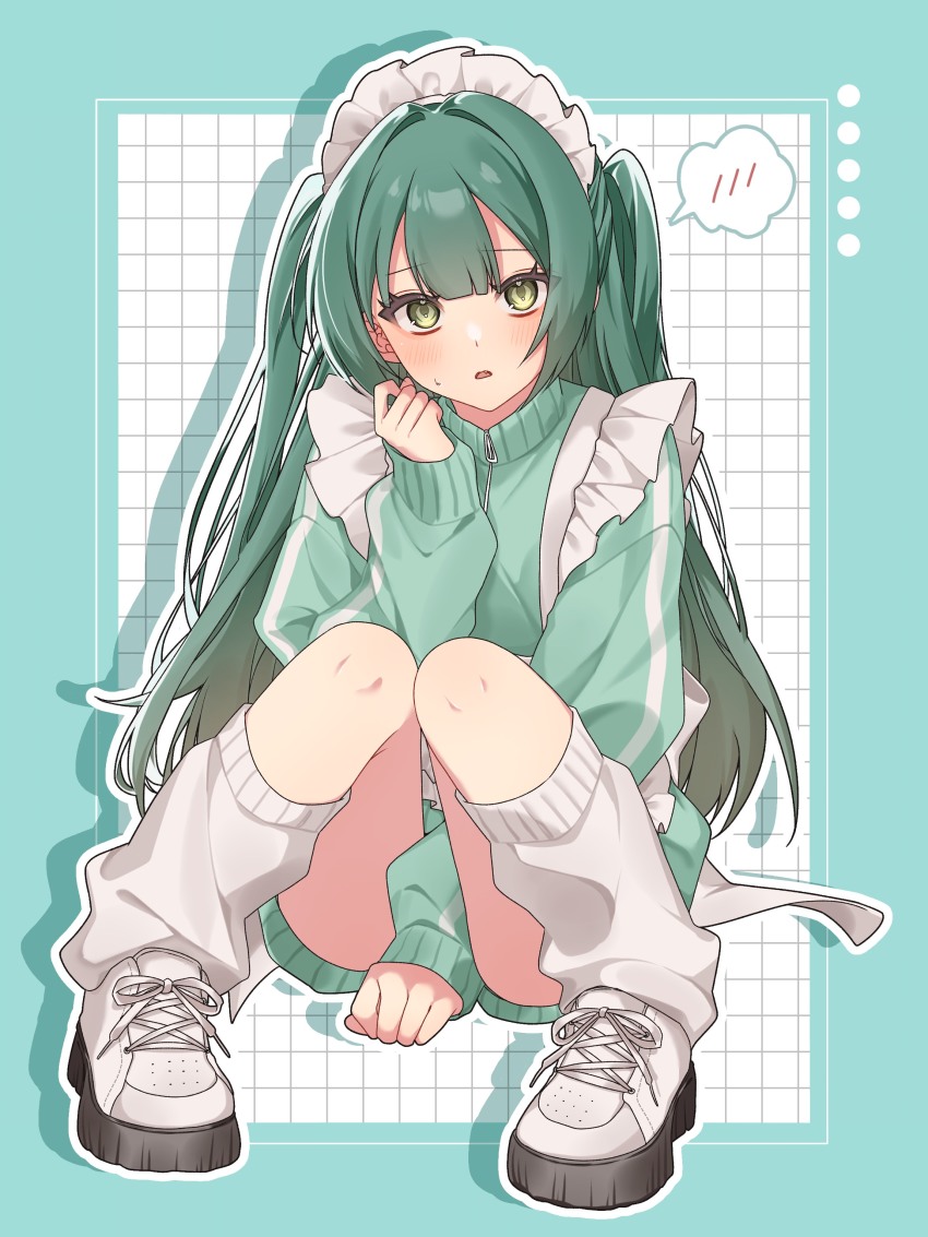 1girl absurdres apron aqua_border back_ribbon between_legs blunt_bangs border borrowed_character breasts commission dot_nose double-parted_bangs drop_shadow frilled_straps full_body green_hair green_track_suit grid_background hair_intakes hand_between_legs hand_up highres knees_together_feet_apart knees_up leg_warmers long_hair looking_at_viewer maid_apron maid_headdress o612o9 original outline parted_lips platform_shoes ribbon second-party_source shoes short_shorts shorts sitting skeb_commission sleeves_past_wrists small_breasts solo spoken_blush sweatdrop track_suit twintails very_long_hair waist_apron white_background white_leg_warmers white_outline white_ribbon white_shoes yellow_eyes zipper zipper_pull_tab