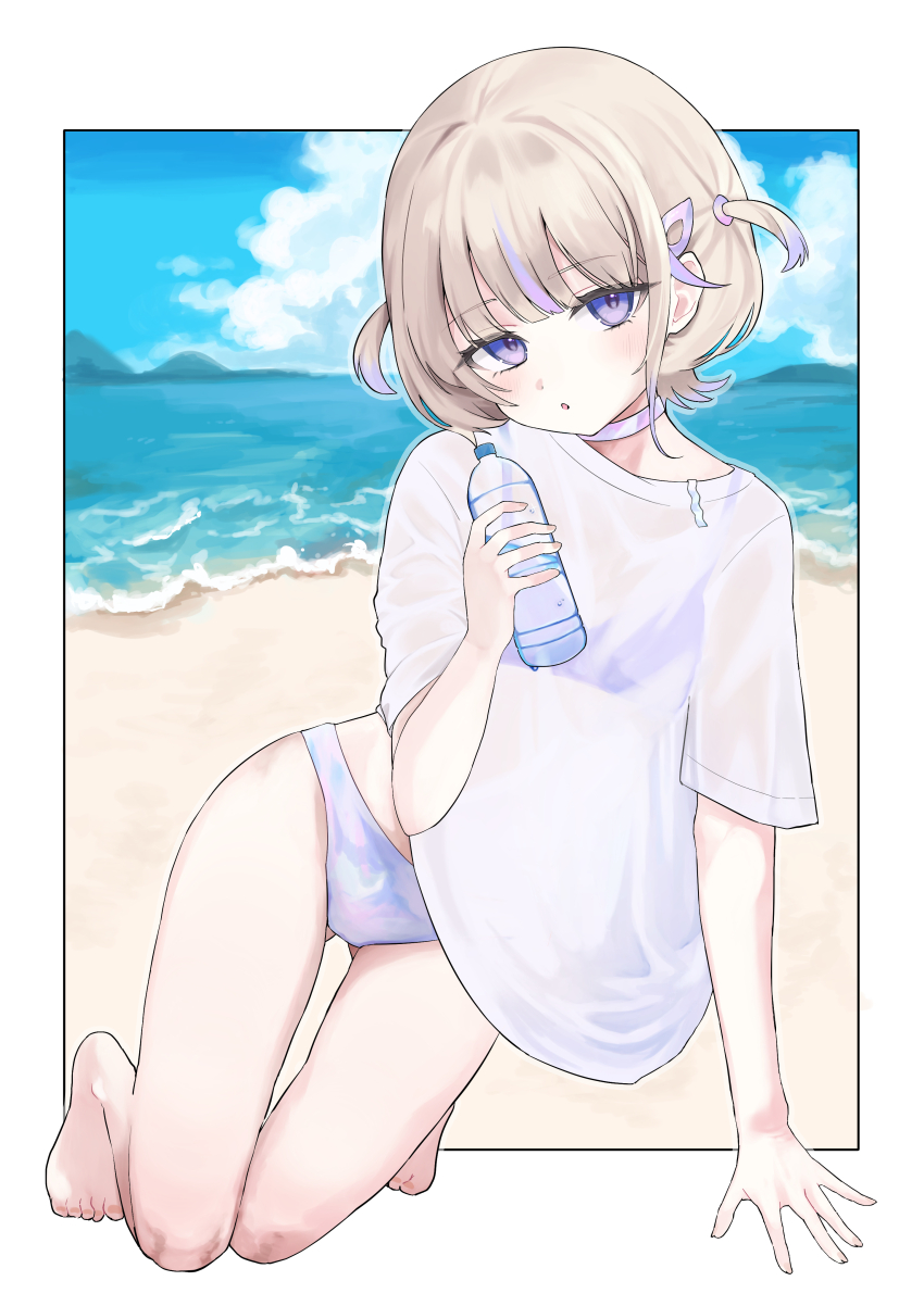 1girl absurdres barefoot beach bikini bikini_under_clothes blonde_hair border bottle breasts choker commentary_request feet highres holding holding_bottle hololive hololive_dev_is looking_at_viewer multicolored_hair purple_bikini purple_choker purple_eyes purple_hair see-through_clothes shirakabamoga shirt short_hair small_breasts solo streaked_hair swimsuit todoroki_hajime toes virtual_youtuber water_bottle white_border white_shirt