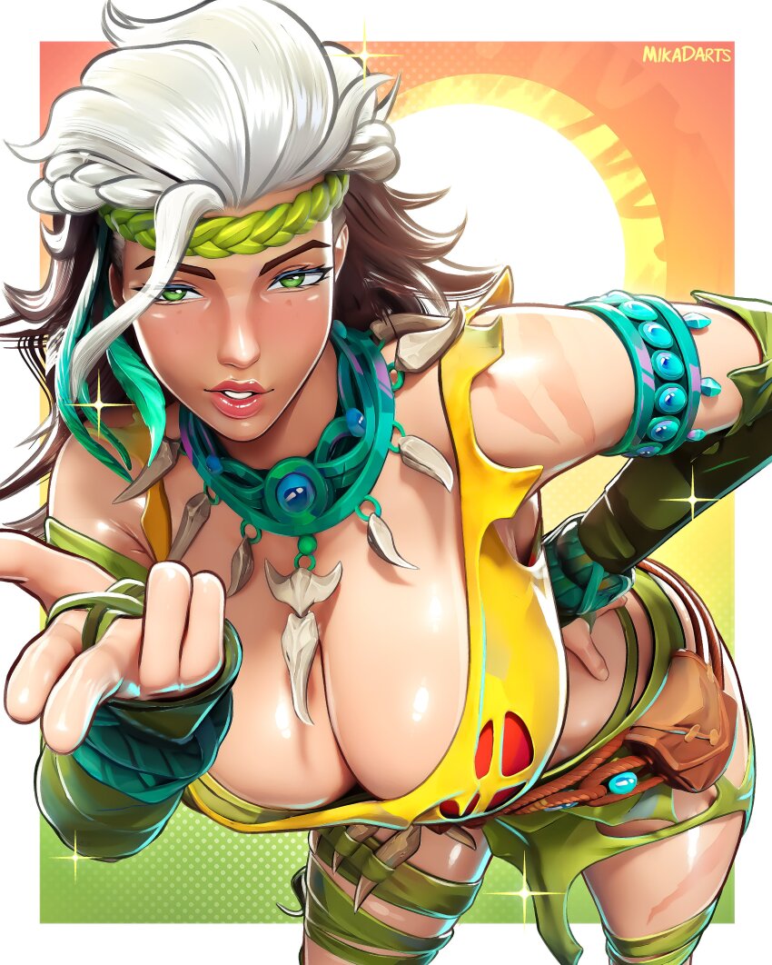 1girl absurdres bra bra_peek breasts brown_hair commentary crop_top english_commentary green_bra green_eyes headband highres huge_breasts leaning_forward marvel marvel_rivals mika_dawn multicolored_hair official_alternate_costume pointing pointing_at_viewer rogue_(x-men) solo torn_clothes underwear white_hair x-men