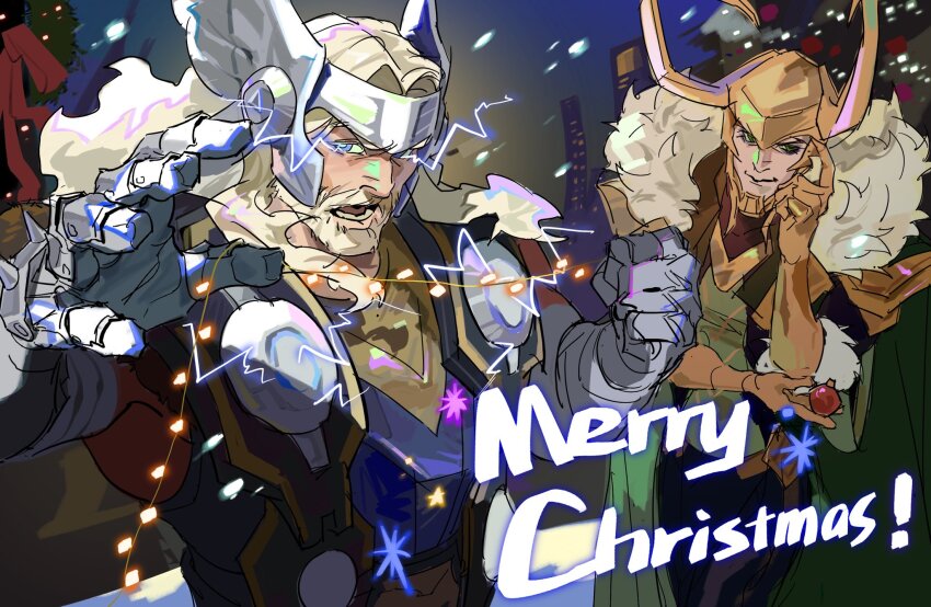 2boys armor avengers_(series) beard blonde_hair blue_eyes cape facial_hair highres loki_(marvel) long_hair long_sleeves male_focus marvel marvel_rivals multiple_boys open_mouth short_hair smile thor_(marvel) zhangwukimapipi