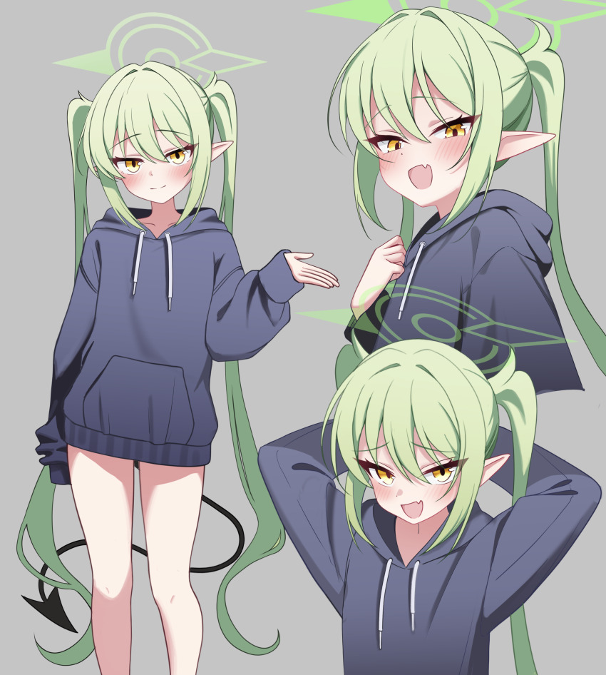 1girl absurdres arm_at_side arms_behind_head black_tail blue_archive blue_jacket blush closed_mouth commentary_request demon_tail fang green_hair green_halo grey_background halo highres jacket long_hair long_sleeves looking_at_viewer loose_clothes multiple_views nozomi_(blue_archive) open_mouth oversized_clothes pointy_ears sidelocks simple_background skin_fang smile solo standing tail twintails user_shjm4774 yellow_eyes