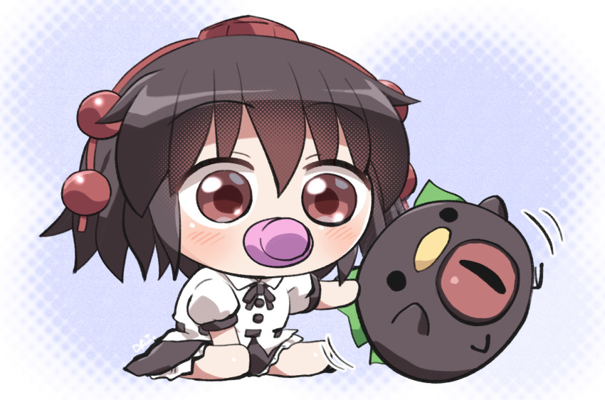 1girl bird black_hair black_ribbon black_skirt blue_background blush buttons chibi chibi_only collared_shirt commentary_request frilled_skirt frills full_body hair_between_eyes hat neck_ribbon red_hat reiuji_utsuho reiuji_utsuho_(bird) ribbon rokugou_daisuke shameimaru_aya shirt short_hair short_sleeves signature sitting skirt solo tokin_hat touhou white_shirt