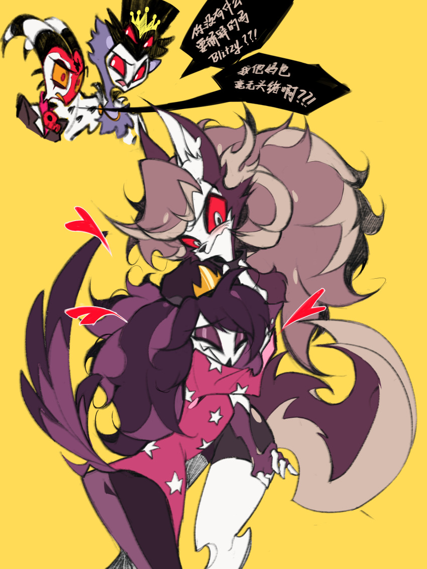 2boys 2girls animal_ears black_feathers blitzo_(helluva_boss) blush demon_boy demon_girl demon_horns demon_tail extra_eyes feathers furry hellaverse helluva_boss highres horns hug looking_at_another loona_(helluva_boss) multiple_boys multiple_girls octavia_(helluva_boss) owl_boy red_eyes stolas_(helluva_boss) tail zhu_xing_pupupu
