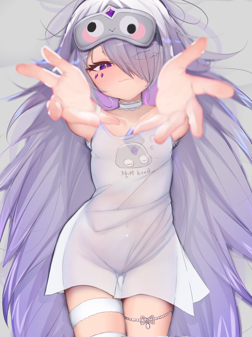 1girl :3 absurdres blurry blurry_foreground blush breasts chest_jewel choker closed_mouth collarbone cowboy_shot dress eyes_visible_through_hair face_jewel facing_viewer gem googly_eyes grey_background hair_over_one_eye half-closed_eyes highres hololive hololive_english jewel_under_eye koseki_bijou leg_ribbon loli long_hair looking_at_viewer lying mask mask_on_head messy_hair navel nightgown on_back open_hands outstretched_arms palms purple_eyes purple_gem purple_hair reaching reaching_towards_viewer ribbon see-through_clothes see-through_nightgown see-through_silhouette semnomeart simple_background sleep_mask sleepwear small_breasts smile solo spread_fingers thigh_ribbon very_long_hair virtual_youtuber white_choker white_nightgown