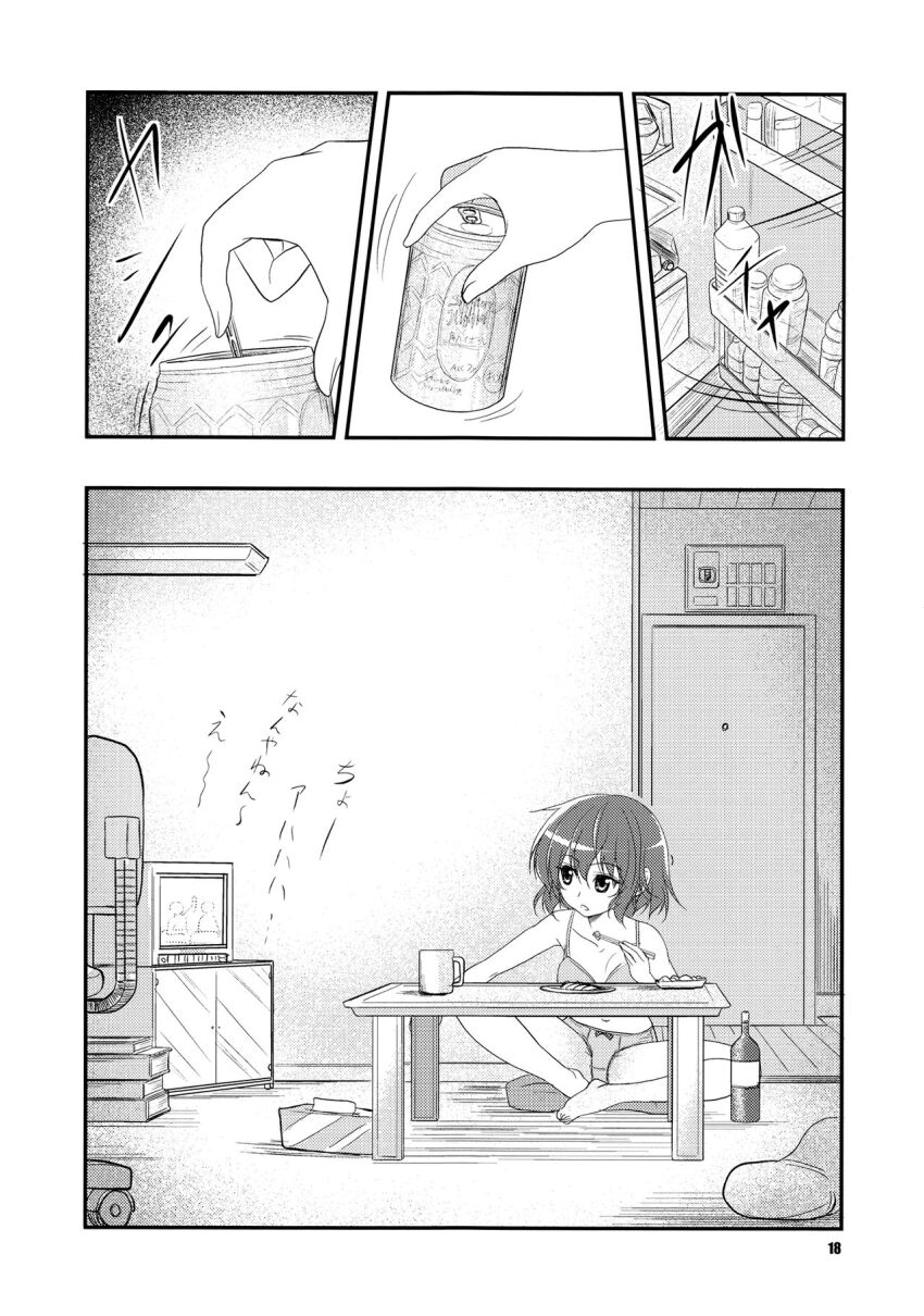 1girl book book_stack bottle bra can comic cup door eating greyscale highres kazami_yuuka monochrome opening_can panties plate refrigerator satou_yuuki table television tissue tissue_box touhou translation_request underwear watching_television water_bottle