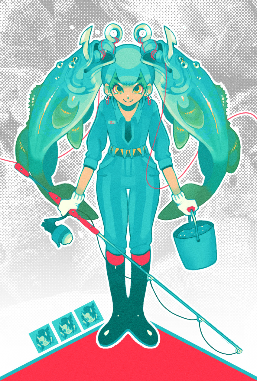 1girl aqua_bodysuit aqua_hair belt black_boots bodysuit boots bucket earrings fish fishing_rod halftone hatsune_miku highres jewelry looking_at_viewer outline sleppu smile solo surreal twintails vocaloid white_outline yellow_eyes