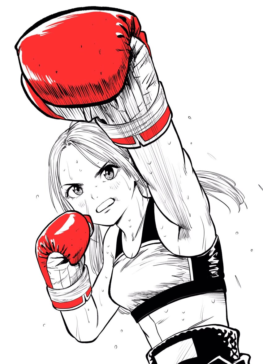 1girl armpits boxing boxing_gloves boxing_shorts breasts commentary_request fighting_stance flying_sweatdrops gloves highres lee_(dragon_garou) linea_alba monochrome motion_lines mouth_guard original ponytail punching red_gloves serious shorts small_breasts solo sports_bra spot_color sweat upper_body