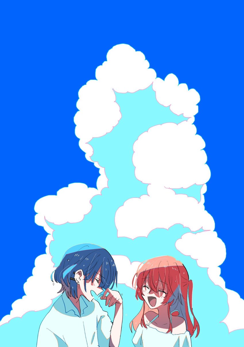 2girls ^_^ alternate_costume bare_shoulders blue_hair blue_sky bocchi_the_rock! closed_eyes cloud commentary_request crossed_bangs day double-parted_bangs facing_another hair_between_eyes hand_up highres indoors kita_ikuyo long_bangs long_hair multiple_girls off-shoulder_shirt off_shoulder one_side_up open_mouth outdoors raised_inner_eyebrows red_hair shirt short_hair sky totobe wet wet_hair white_shirt yamada_ryo