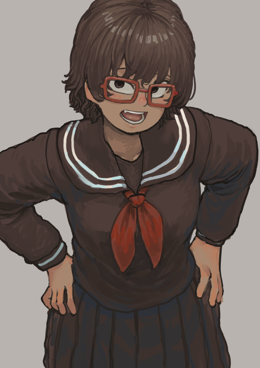 1girl black_sailor_collar black_shirt black_skirt brown_eyes brown_hair chanta_(ayatakaoisii) check_copyright collarbone copyright_request fang glasses hands_on_own_hips highres long_sleeves neckerchief open_mouth original pleated_skirt red-framed_eyewear red_neckerchief sailor_collar school_uniform serafuku shirt short_hair skirt solo teeth upper_body white_trim