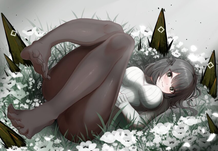 1girl absurdres arknights arknights:_endfield ass barefoot black_eyes black_hair black_pantyhose blush breasts closed_mouth commentary_request endministrator_(arknights) feet female_endministrator_(arknights) field flower flower_field foot_focus full_body gluteal_fold hair_ornament highres holding large_breasts legs long_sleeves looking_at_viewer lying mumi_daohu no_shoes on_back pantyhose short_hair sitting smile soles solo spread_toes thick_thighs thighs toes underwear white_flower