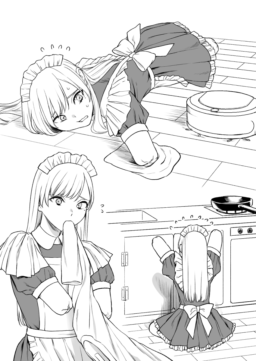 1girl amputee bow counter dorozumi frying_pan greyscale highres long_hair maid maid_headdress monochrome on_floor open_mouth original quadruple_amputee robotic_vacuum_cleaner shirt sink solo stove struggling sweatdrop towel waist_bow wiping