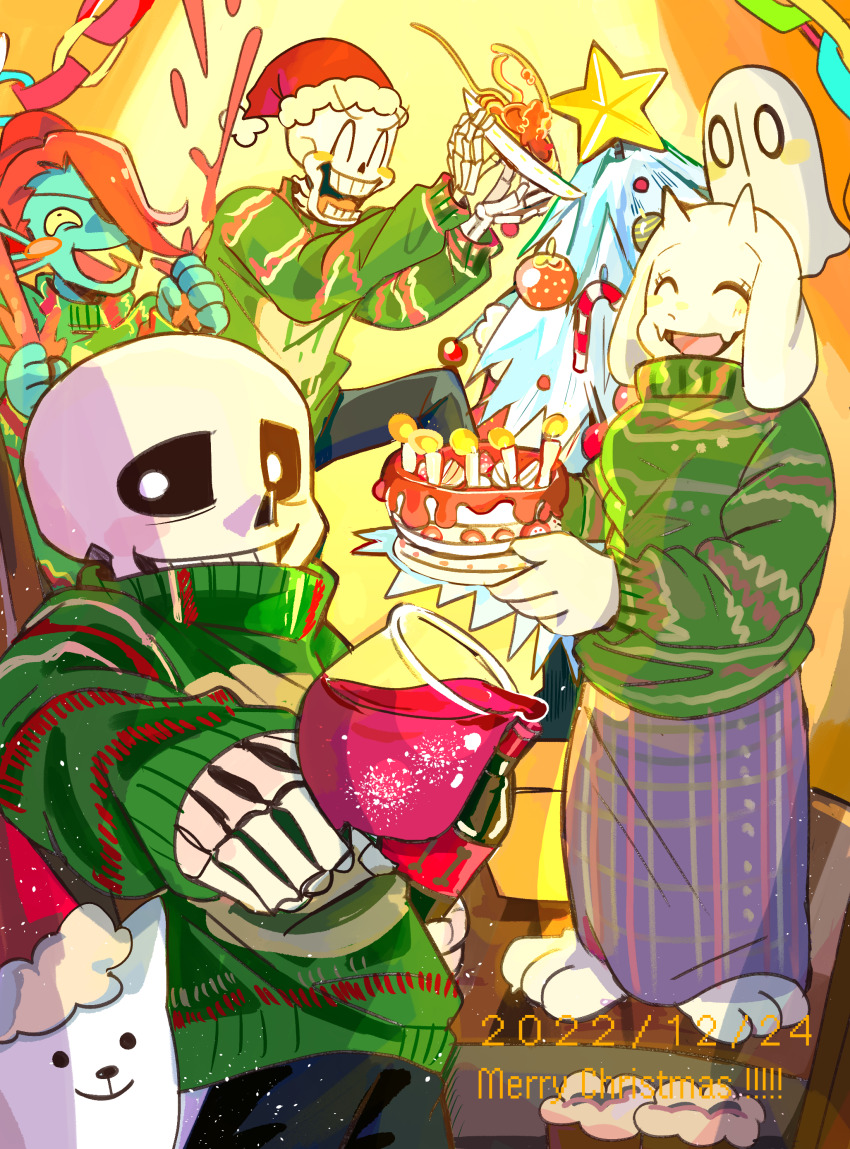 2022 2girls 3boys absurdres alternate_costume annoying_dog blue_skin cake christmas christmas_tree colored_skin dated food ghost goat_girl green_sweater hat highres holding holding_cake holding_food multiple_boys multiple_girls napstablook papyrus_(undertale) sans_(undertale) santa_hat skeleton smile sweater tama_(tamafuku08) teeth toriel undertale undyne utdr_(toby_fox) white_fur