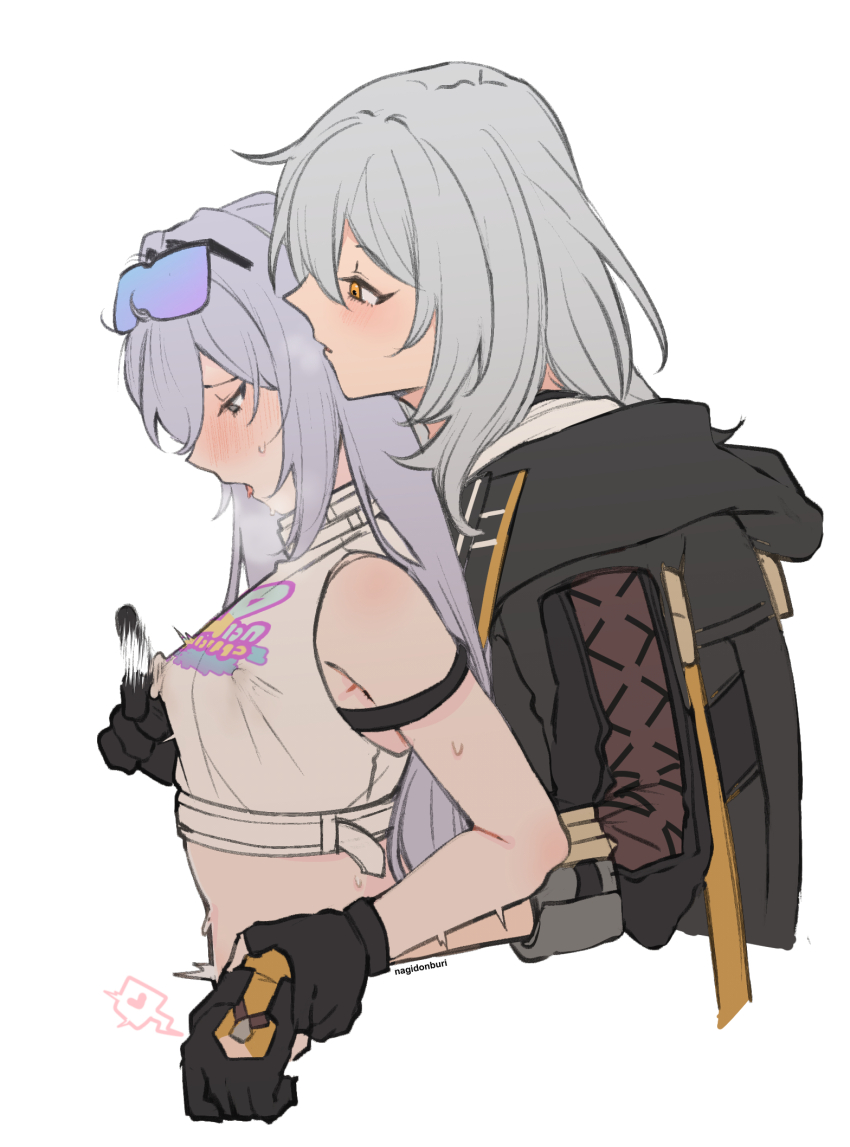 2girls bare_shoulders black_gloves black_hoodie blush eyewear_on_head gloves grabbing_another's_arm grey_eyes grey_hair highres hinagi_(fox_priest) honkai:_star_rail honkai_(series) hood hoodie long_hair multiple_girls nipple_stimulation open_mouth shirt silver_wolf_(elation)_(honkai:_star_rail) silver_wolf_(honkai:_star_rail) stelle_(honkai:_star_rail) trailblazer_(honkai:_star_rail) white_shirt yellow_eyes yuri