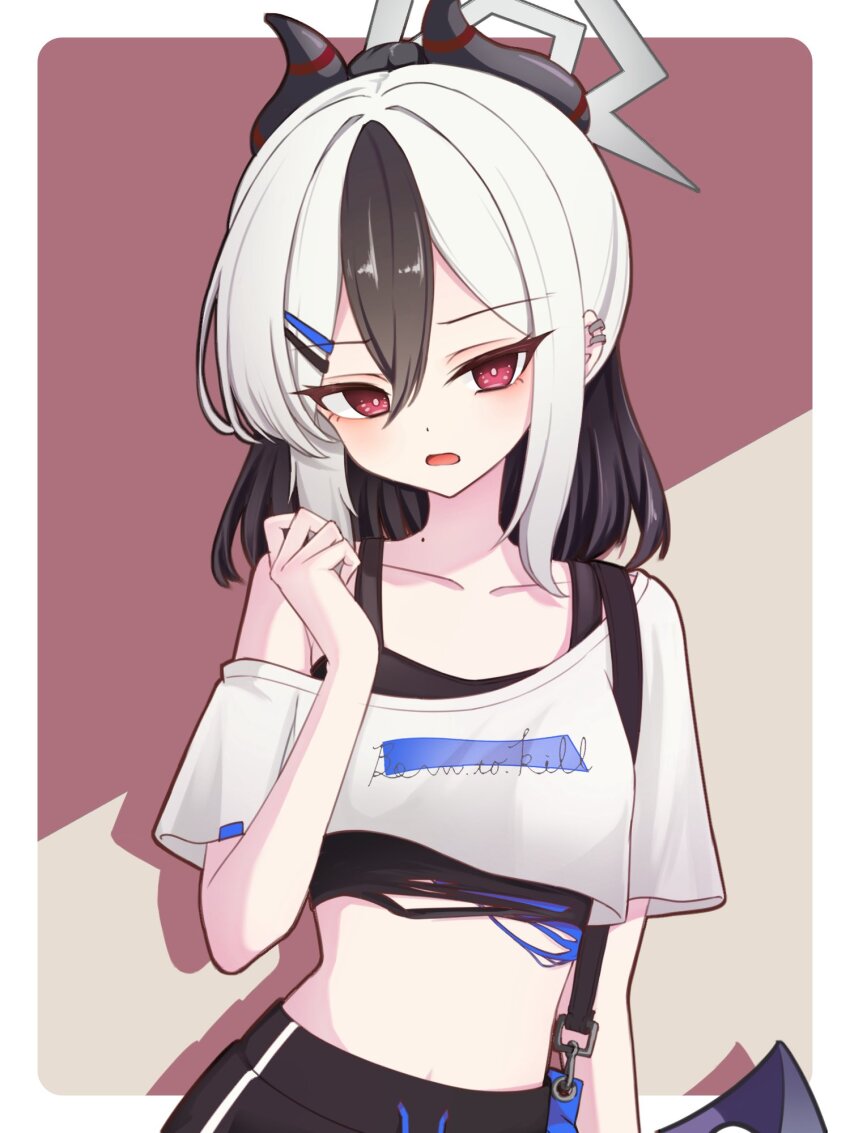 1girl alternate_costume annoyed bag black_hair black_horns black_straps blue_archive bright_pupils collarbone crop_top demon_horns demon_wings ear_piercing earclip grey_halo hair_between_eyes hair_intakes hair_ornament hairclip halo highres hncstk horns kayoko_(blue_archive) long_eyelashes looking_at_viewer military_vehicle mole mole_on_collarbone motor_vehicle multicolored_hair navel open_mouth pants parallel_hairclips piercing ponytail problem_solver_68_(blue_archive) red_eyes shoulder_bag sidelocks single_off_shoulder single_wing solo tank track_pants two-tone_hair white_hair white_pupils wings