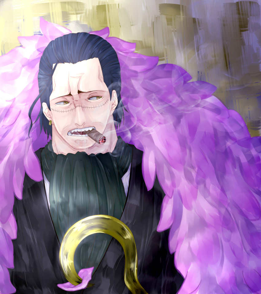 1boy amputee ascot blue_hair cigar crocodile_(one_piece) donquixote_doflamingo earrings feather_boa feathers formal_clothes gradient_background highres hook hook_hand jewelry male_focus one_piece scar short_hair smoking solo suit yellow_eyes