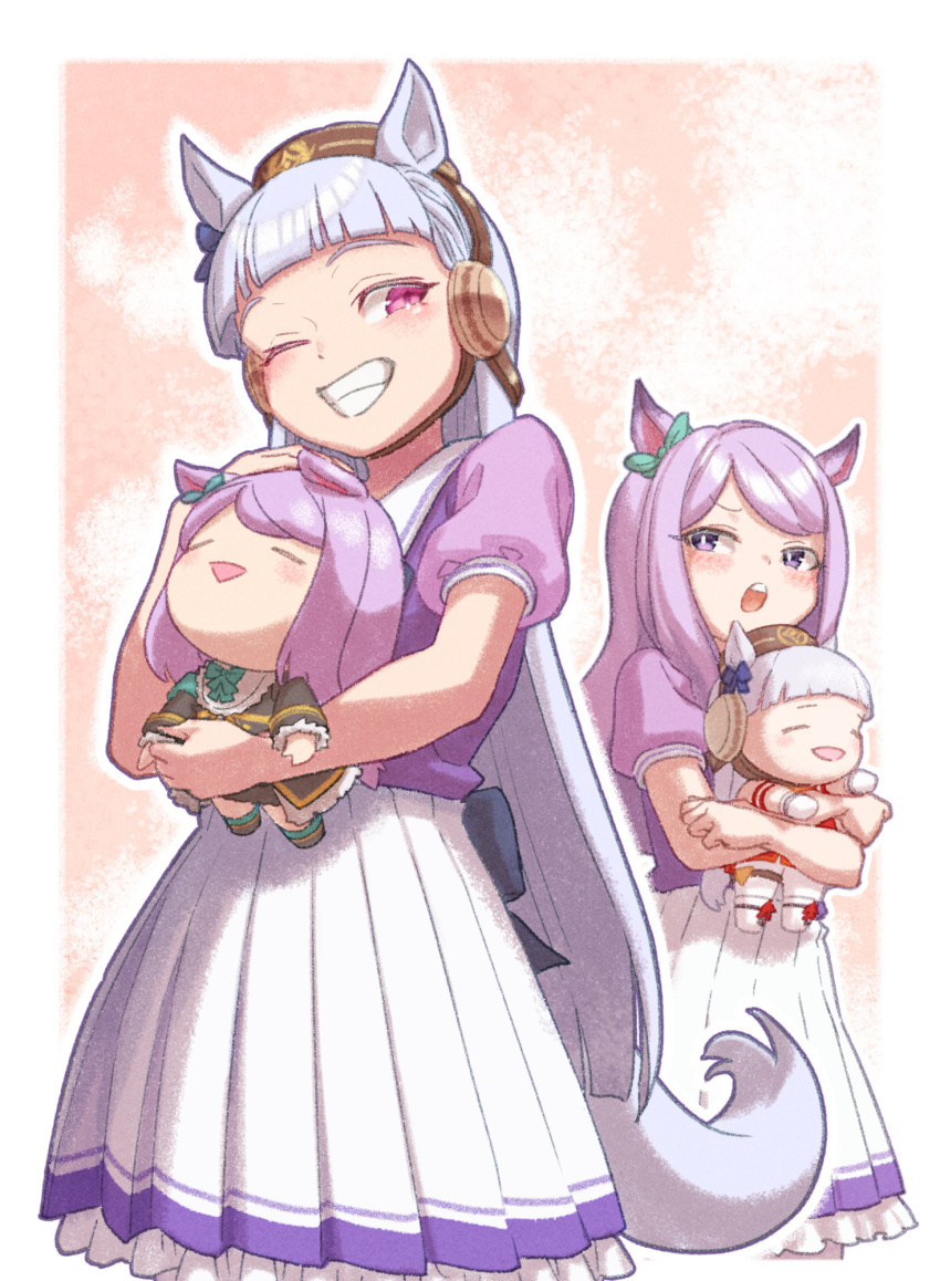 2girls animal_ears aqua_bow armband black_jacket black_skirt blunt_bangs blush bow bowtie breasts brown_hat character_doll commentary_request creape doll dress ear_bow ear_ribbon frills gloves gold_ship_(red_strife)_(umamusume) gold_ship_(umamusume) grey_hair grin hat highres holding holding_doll horse_ears horse_girl horse_tail hugging_doll hugging_object jacket long_hair long_sleeves mejiro_mcqueen_(frontline_elegance)_(umamusume) mejiro_mcqueen_(umamusume) multiple_girls one_eye_closed open_mouth pillbox_hat pleated_skirt puffy_short_sleeves puffy_sleeves purple_bow purple_bowtie purple_eyes purple_hair purple_shirt red_dress sailor_collar sailor_shirt school_uniform shirt short_sleeves skirt sleeveless sleeveless_dress smile striped_armband striped_clothes stuffed_toy tail teeth tracen_school_uniform umamusume white_gloves white_sailor_collar white_skirt