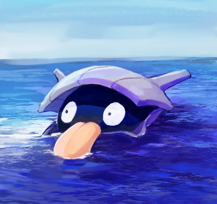 day gen_1_pokemon highres karamomo nintendo no_humans ocean outdoors partially_submerged pokemon pokemon_(creature) shellder sky solo tongue water