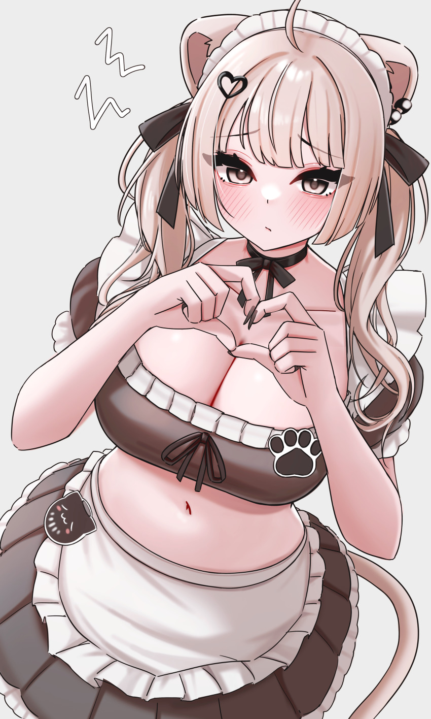 1girl absurdres ahoge alternate_costume animal_ears apron black_bow black_choker black_nails black_skirt black_tube_top blush bow bow_choker breasts choker cleavage closed_mouth commentary_request four-finger_heart_hands frilled_skirt frills grey_eyes grey_hair hair_bow hair_ornament heart heart_hair_ornament heart_hands highres holding hololive large_breasts lion_ears lion_girl lion_tail long_hair looking_at_viewer maid maid_apron maid_headdress nail_polish navel ruo1001 shishiro_botan skirt solo strapless tail tube_top twintails virtual_youtuber