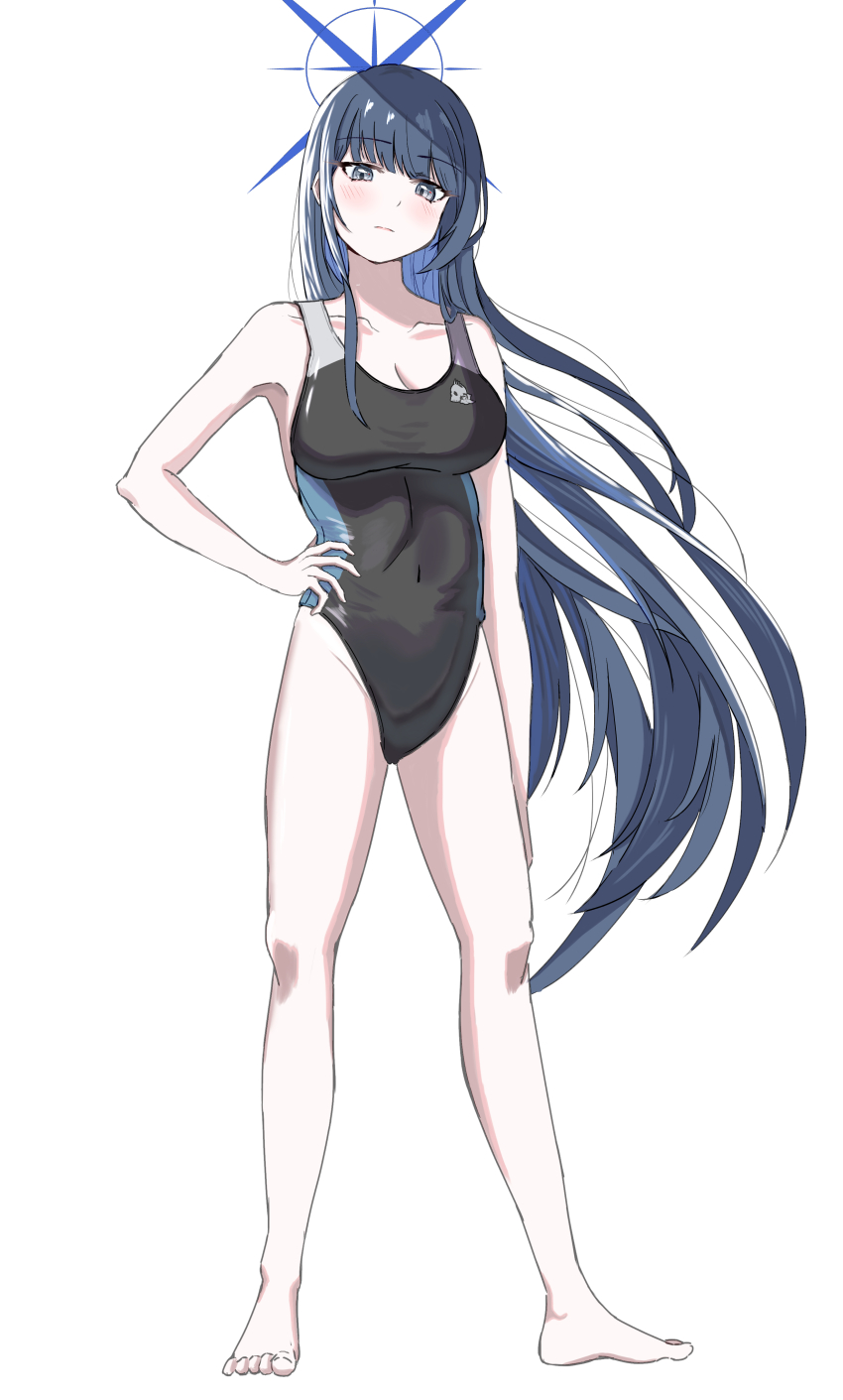 1girl absurdres barefoot black_hair black_one-piece_swimsuit blue_archive blue_hair blue_halo breasts colored_inner_hair competition_swimsuit full_body halo highleg highleg_one-piece_swimsuit highres kuroro_0427 large_breasts long_hair looking_at_viewer multicolored_hair one-piece_swimsuit saori_(blue_archive) simple_background solo standing swimsuit white_background