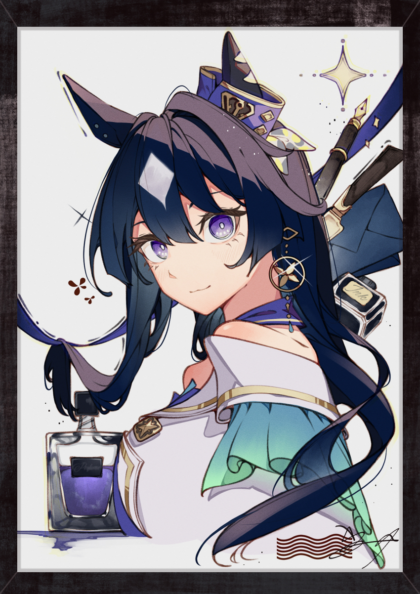 1girl animal_ears bare_shoulders blue_eyes blue_hair bottle breasts closed_mouth commentary_request cropped_torso ear_covers from_side hair_between_eyes highres horse_ears horse_girl jacket long_hair looking_at_viewer mole mole_under_eye perfume_bottle shikahisa_totani single_ear_cover smile solo umamusume verxina_(le_beau_sommet)_(umamusume) verxina_(umamusume) white_jacket