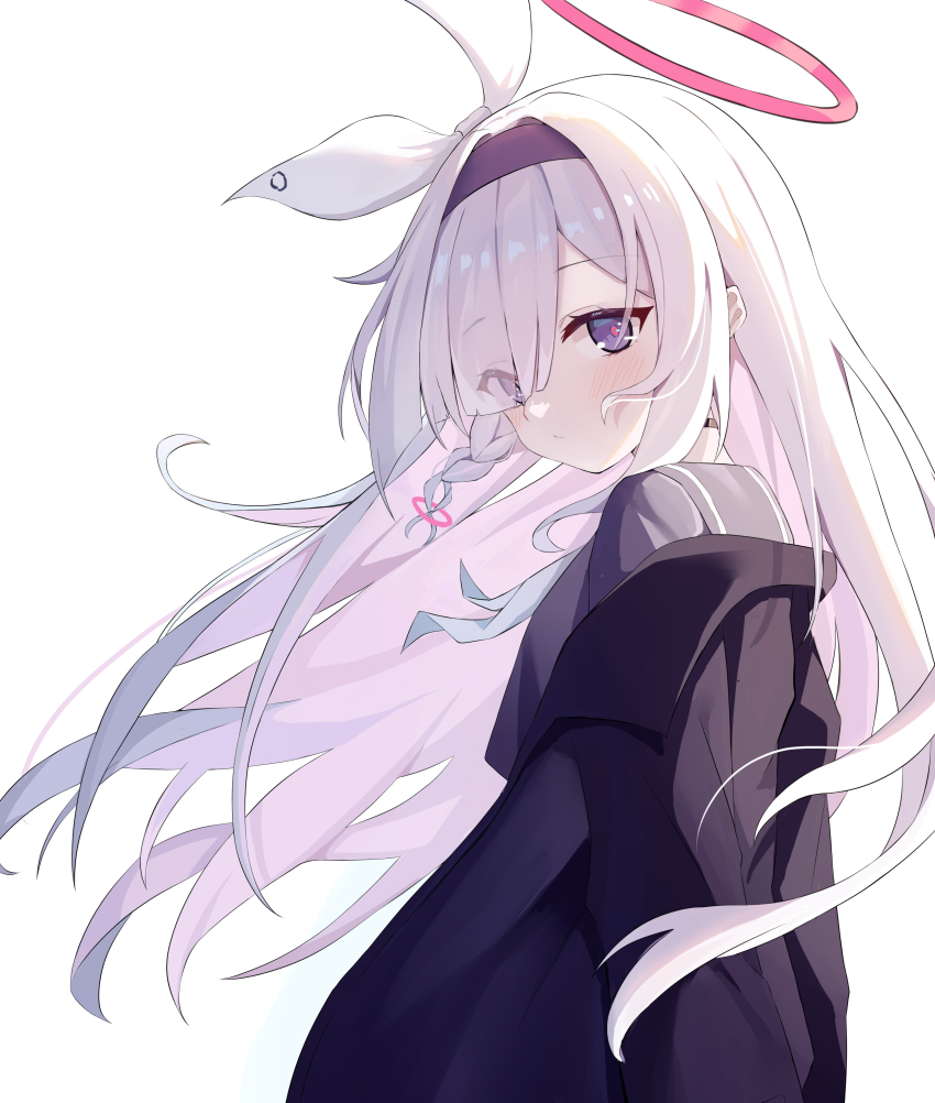 1girl absurdres black_choker black_coat black_eyes black_hairband black_serafuku blue_archive braid choker chun_jiang closed_mouth coat colored_inner_hair hairband halo highres long_hair long_sleeves looking_at_viewer multicolored_hair pink_hair plana_(blue_archive) red_halo school_uniform serafuku simple_background single_braid solo upper_body white_background white_hair