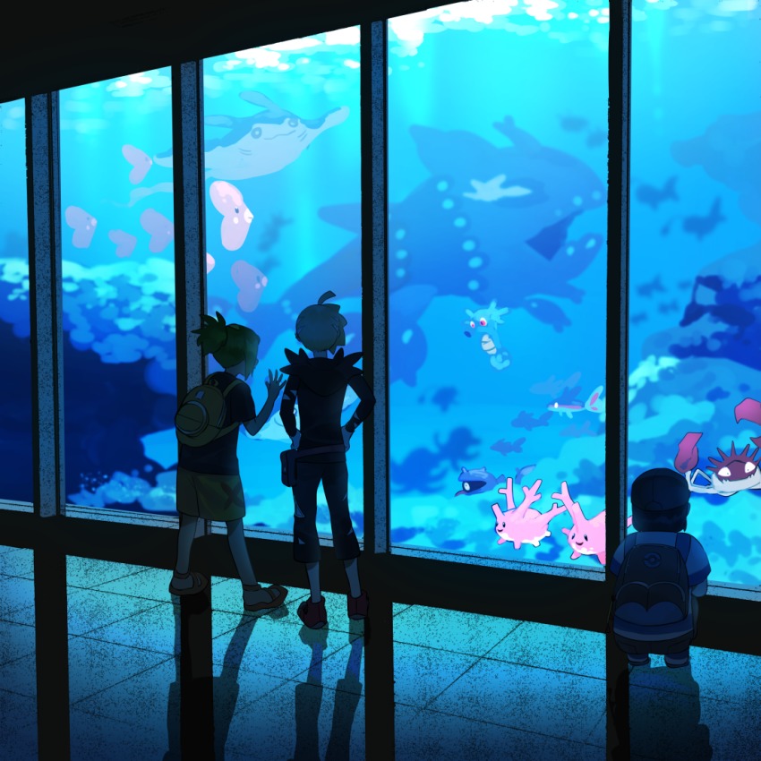 3boys :3 aquarium backlighting backpack bad_id bad_pixiv_id bag baseball_cap capri_pants clamperl corsola elio_(pokemon) finneon fish gen_1_pokemon gen_2_pokemon gen_3_pokemon gen_4_pokemon gen_7_pokemon gladion_(pokemon) hands_on_own_hips hat hau_(pokemon) horsea indoors luvdisc male_focus mantine multiple_boys nintendo octillery octopus pants pokemon pokemon_(creature) pokemon_sm red_eyes reflection shellder shirt shoes shorts slice_of_life sneakers squatting striped_clothes striped_shirt topknot wadani_hitonori water wishiwashi wishiwashi_(school)