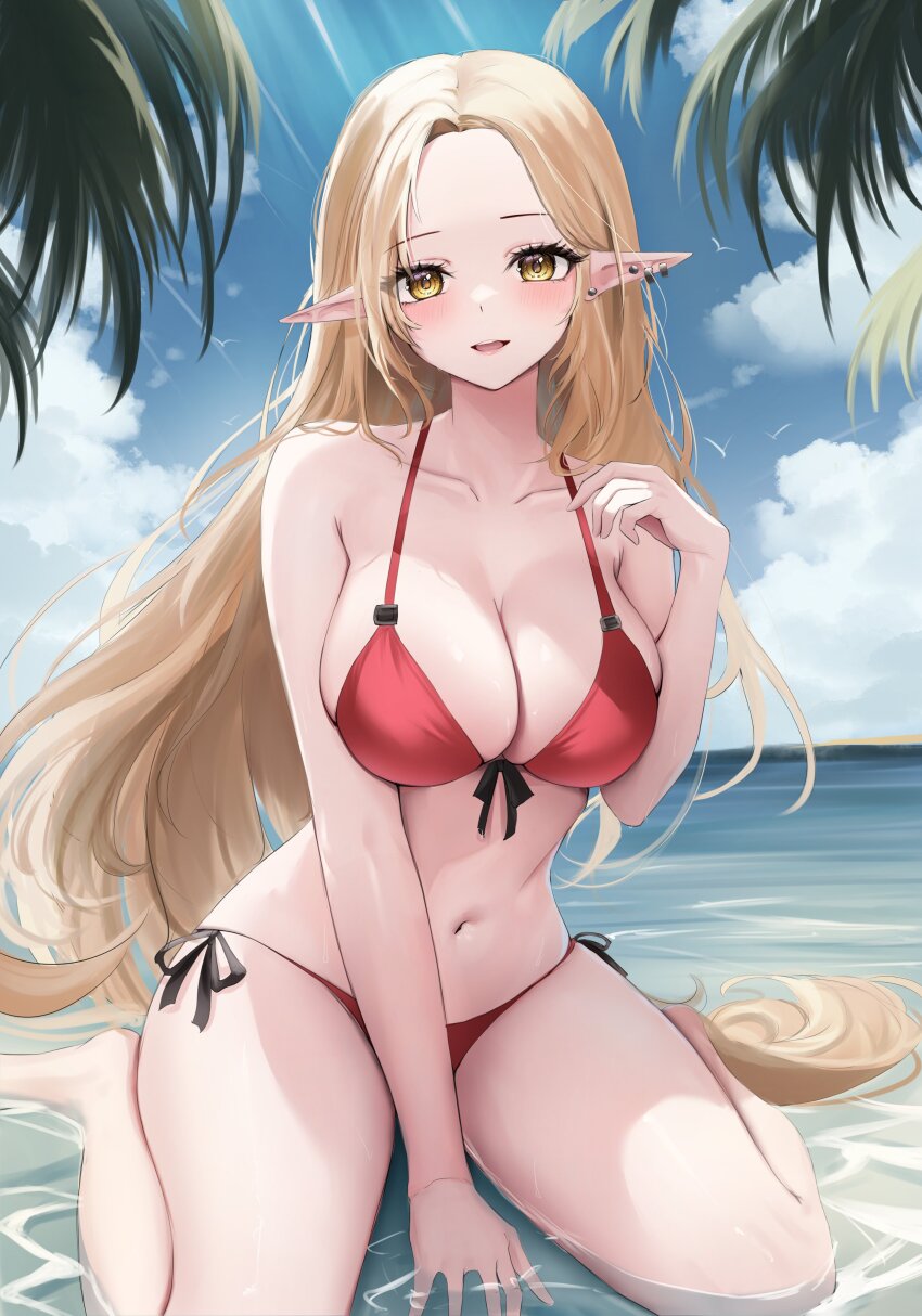 1girl absurdres beach bikini blonde_hair blush commentary commission ear_piercing elf english_commentary highres long_hair looking_at_viewer navel nyashira open_mouth original piercing pointy_ears red_bikini sitting sitting_on_lap sitting_on_person stomach swimsuit very_long_hair water wet yellow_eyes