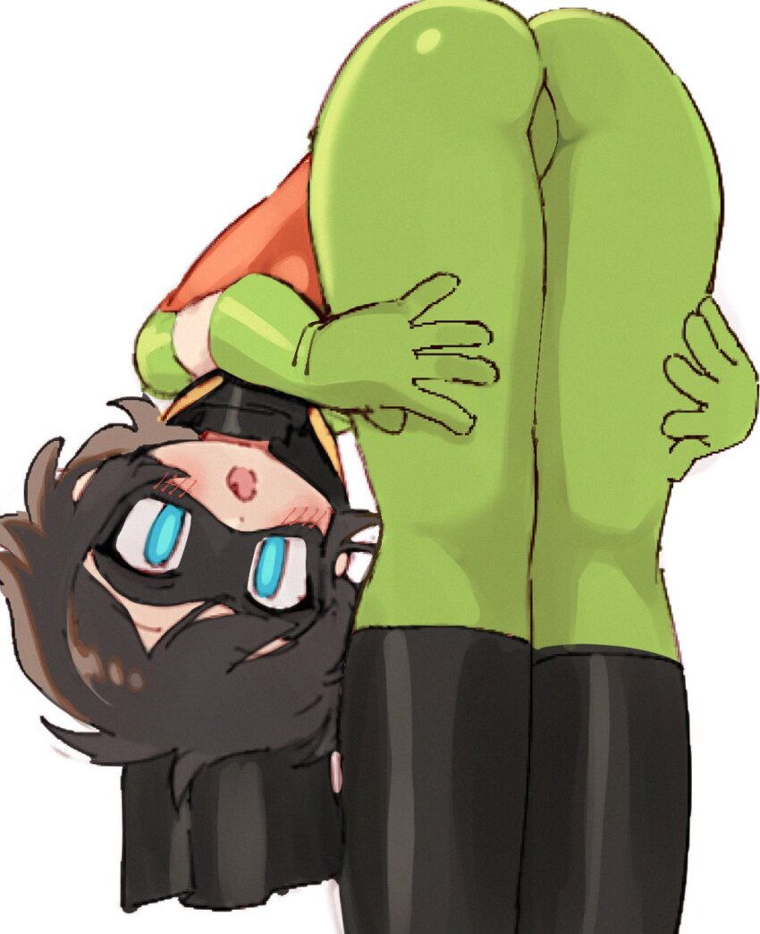 1girl ass batman_(series) batrobin_k black_mask blue_eyes breasts brown_hair dc_comics domino_mask eye_mask gloves green_gloves highres leotard loli mask robin_(batrobin_k) short_hair simple_background sleeved_leotard small_breasts spandex superhero_costume white_background