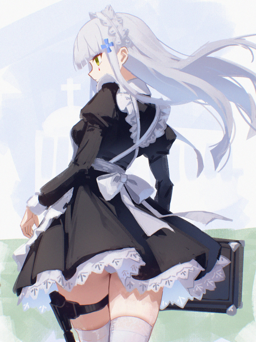 1girl alternate_costume apron black_dress closed_mouth cross_hair_ornament danraz0r dress enmaided girls'_frontline green_eyes hair_ornament highres hk416_(girls'_frontline) long_hair maid maid_headdress panties pantyshot solo tattoo teardrop_facial_mark teardrop_tattoo thighhighs underwear white_apron white_hair white_panties white_thighhighs