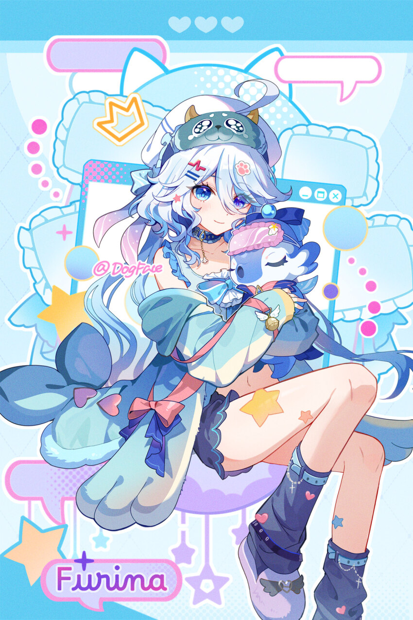 1girl bare_shoulders blue_eyes blue_hair blue_jacket blue_shirt blue_socks blush bow character_name chinese_commentary closed_mouth collarbone commentary_request double-parted_bangs foot_out_of_frame furina_(genshin_impact) genshin_impact gou_lianlian_dogface hair_between_eyes hair_ornament hairclip hat heart highres jacket long_sleeves medium_hair multicolored_hair off_shoulder parallel_hairclips purple_shorts purple_slippers red_bow shirt short_shorts shorts sleeveless sleeveless_shirt slippers smile socks solo star_(symbol) two-tone_hair white_hair white_hat