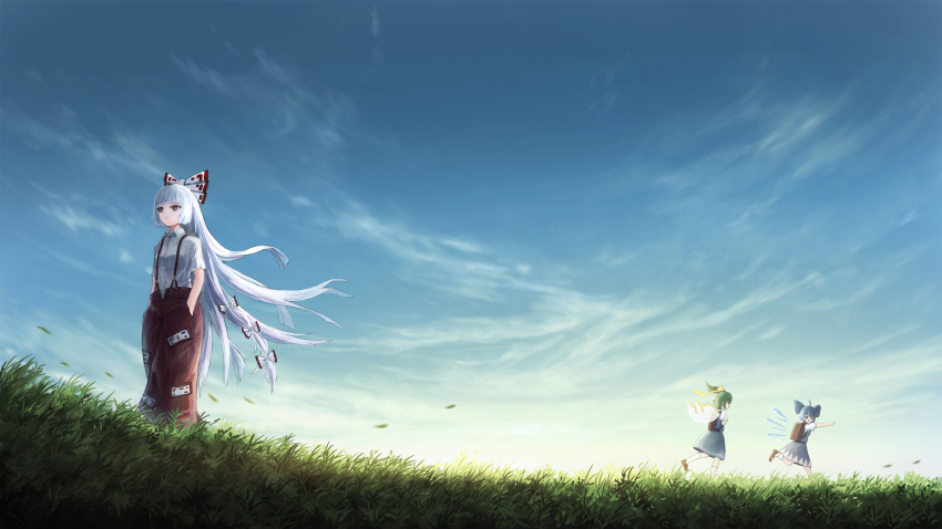 3girls absurdres ahoge backpack bag blue_bow blue_eyes blue_hair blue_skirt blue_vest blunt_bangs blunt_sidelocks bobby_socks bow cirno cloud collared_shirt daikichi0825 daiyousei fairy_wings fisheye fujiwara_no_mokou full_body green_hair hair_bow hands_in_pockets highres ice ice_wings long_hair looking_at_another looking_to_the_side multiple_girls multiple_hair_bows ofuda ofuda_on_clothes on_grass open_mouth outdoors pants pointing ponytail puffy_short_sleeves puffy_sleeves red_pants running scenery shirt short_hair short_sleeves sidelocks skirt sky smile socks suspenders touhou very_long_hair vest walking white_shirt white_socks wide_shot wings yellow_bow