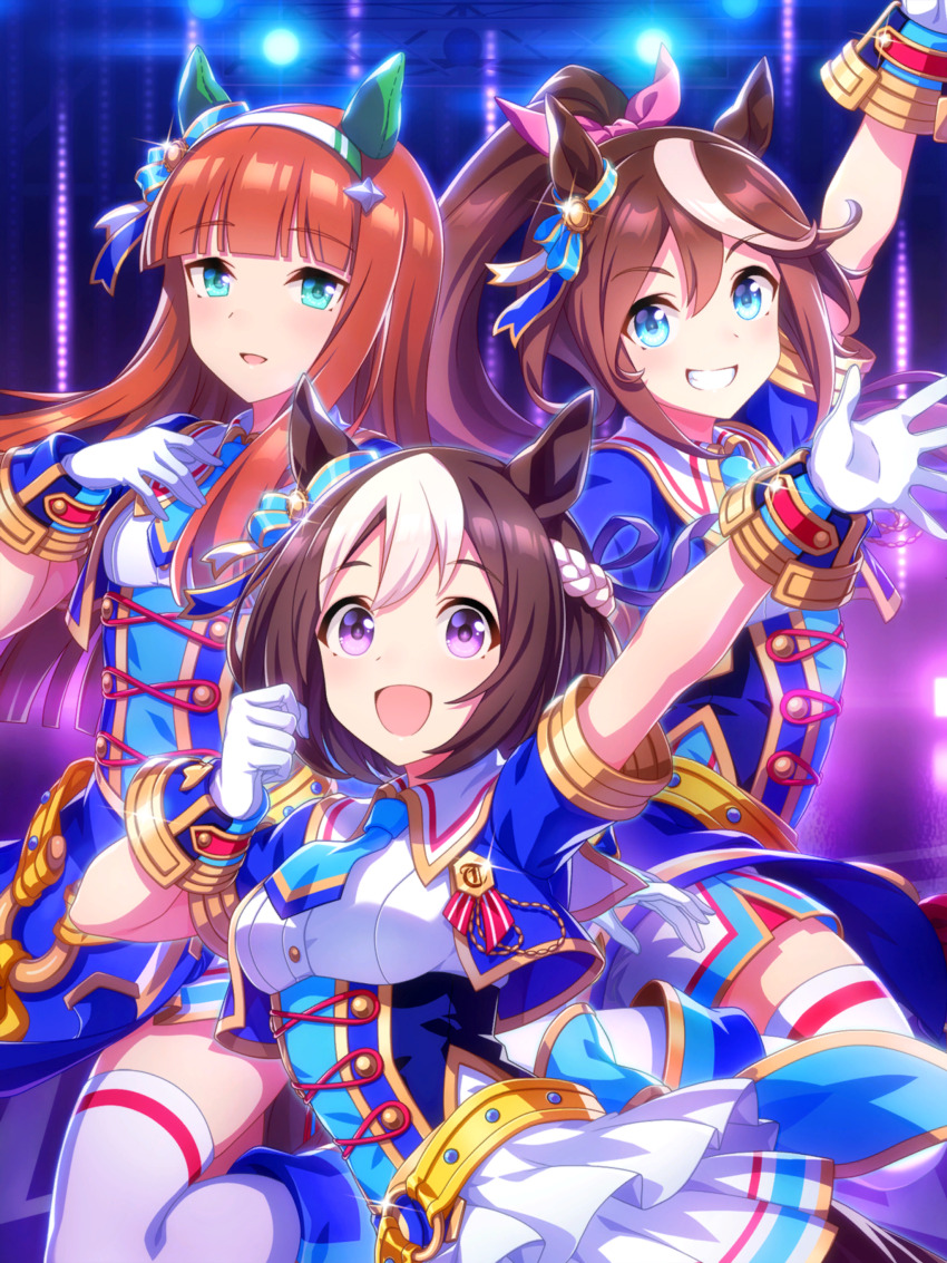 3girls absurdres animal_ears aqua_eyes artist_request back_bow belt blue_bow blue_corset blue_dress blue_eyes blue_necktie blue_wrist_cuffs blunt_bangs bow braid breasts brown_hair buttons clenched_hand corset cowboy_shot dot_nose dress dress_shirt ear_bow ear_covers ear_ornament eyelashes frilled_skirt frills game_cg glorious_azure_costume_(umamusume) gloves grin hair_bow hair_ornament hair_ribbon hairband half_up_braid hand_on_own_chest happy high_ponytail highres horse_ears horse_girl idol light_blush long_hair medium_breasts miniskirt multicolored_hair multiple_girls necktie o-ring o-ring_belt official_art open_mouth orange_hair outdoors outstretched_arm pink_bow ponytail purple_eyes purple_ribbon ribbon shirt shirt_under_dress short_sleeves sidelocks silence_suzuka_(umamusume) skirt smile sparkle special_week_(umamusume) stage stage_lights standing studded_belt tareme thighhighs tokai_teio_(umamusume) tsurime two-tone_hair umamusume very_long_hair waving white_gloves white_hair white_hairband white_shirt white_skirt white_thighhighs wrist_cuffs yellow_belt